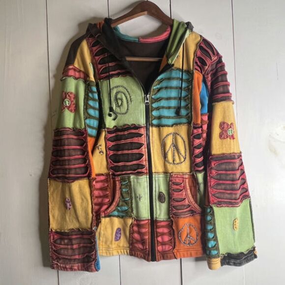 Boho Patchwork Hoodie Jacket XXL Handmade Nepal Festival Peace Sign Zip Up - Picture 1 of 12